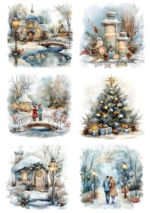 Papier klasyczny A4 do decoupage - widok zimowy, pejzaż, dzieci, domy, staw