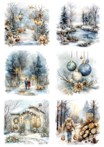Papier klasyczny A4 do decoupage - widok zimowy, pejzaż, dom, staw, bombki