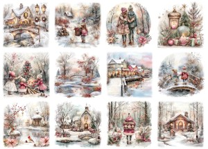 Papier klasyczny A4 do decoupage - widok zimowy, pejzaż, dzieci, domy, staw