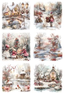 Papier klasyczny A4 do decoupage - widok zimowy, pejzaż, dzieci, domy, staw 