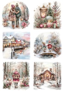 Papier klasyczny A4 do decoupage - widok zimowy, pejzaż, dzieci, domy, staw