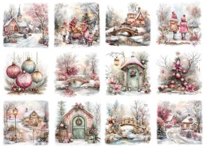 Papier klasyczny A4 do decoupage - widok zimowy, pejzaż, dzieci, domy, staw