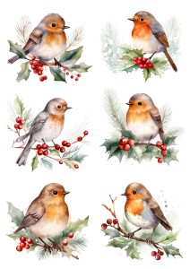 Papier klasyczny A4 do decoupage - ptaki, ptaszki, ostrokrzew, zima