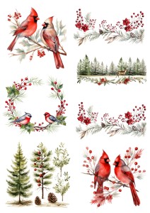 Papier klasyczny A4 do decoupage - ptaki, ptaszki, kardynałki, ostrokrzew, drzewa, zima
