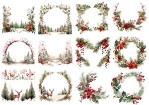 Papier klasyczny A4 do decoupage - widok, jelenie, stroiki, wianki, ostrokrzew, kwiaty, zima