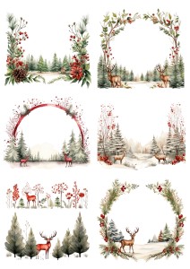 Papier klasyczny A4 do decoupage - widok, jelenie, stroiki, wianki, ostrokrzew, kwiaty, zima