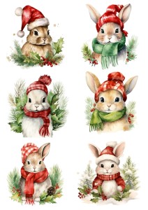 Papier klasyczny A4 do decoupage - zające, zajączki, ostrokrzew, zima