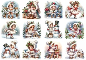 Papier klasyczny A4 do decoupage - dzieci, dziewczynki, ostrokrzew, zima