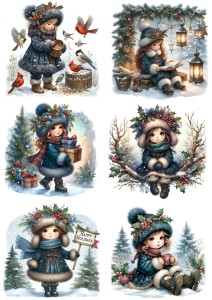 Papier klasyczny A4 do decoupage - dzieci, dziewczynki, ostrokrzew, choinki, święta, zima