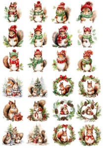 Papier klasyczny A4 do decoupage - wiewiórki, choinki, wianki, święta, zima