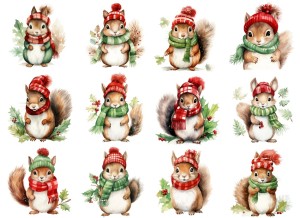Papier klasyczny A4 do decoupage - wiewiórki w szalikach, święta, zima