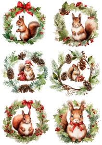 Papier klasyczny A4 do decoupage - wiewiórki, wianki, święta, zima