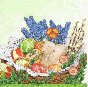 Serwetka ozdobna 33x33 cm - koszyk wielkanocny z barankiem