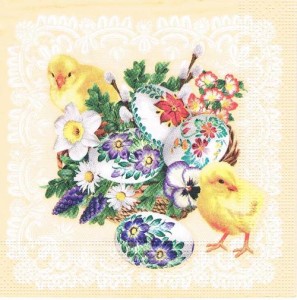 Serwetka decoupage 33x33 cm - pisanki i kwiaty, kurczaki