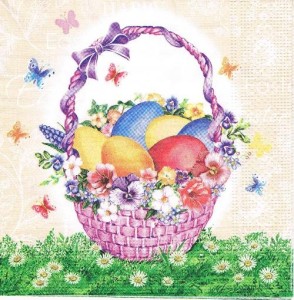 Serwetka decoupage 33x33 cm - koszyk z pisankami, kwiaty i motyle