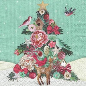 Serwetka decoupage 33x33 cm - choinka, sarenka, ptaszki