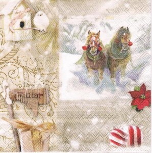 Serwetka decoupage 33x33 cm - konie ptak, zima