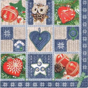 Serwetka decoupage 33x33 cm - bombki, gwiazdka, sowa