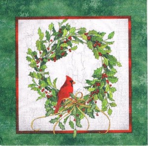 Serwetka decoupage 33x33 cm - wianek, ostrokrzew, ptaszek