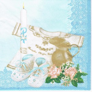 Serwetka decoupage 33x33 cm - koszulka, buciki, świeca, chrzest 
