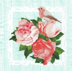 Serwetka decoupage 33x33 cm - kwiaty, róże, ptak