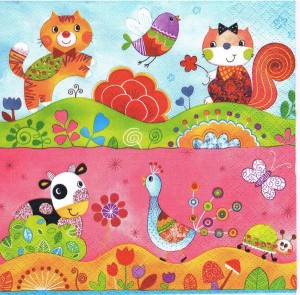 Serwetka decoupage 33x33 cm - koty, ptaki, krówka, motyl