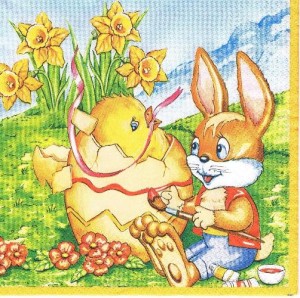 Serwetka decoupage 33x33 cm - zając, pisanka, kurczak, narcyze, łąka