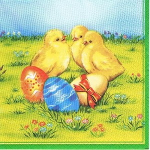 Serwetka decoupage 33x33 cm - kurczaki i pisanki na łące