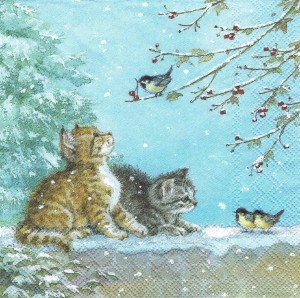 Serwetka decoupage 33x33 cm - koty, ptaszki, zima
