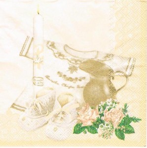 Serwetka decoupage 33x33 cm - koszulka, buciki, świeca, chrzest