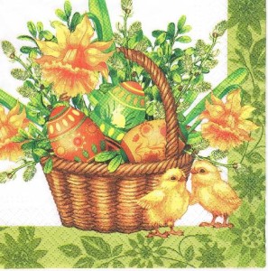 Serwetka ozdobna 33x33 cm - koszyk z kwiatami, kurczaki