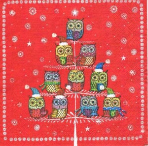 Serwetka decoupage 33x33 cm - sowy na drzewie, zima