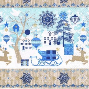 Serwetka decoupage 33x33 cm - sanie, renifery, bombki, śnieżynki, zimowy krajobraz
