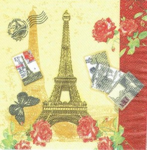 Serwetka decoupage 33x33 cm - wieża, kwiaty, róże, znaczki