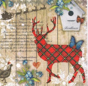 Serwetka decoupage 33x33 cm - renifer, kwiaty, napisy, budka, motyle, kura