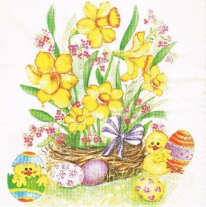 Serwetka decoupage 33x33 cm - narcyze w koszyku, kurczaki i pisanki