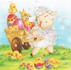Serwetka decoupage 33x33 cm - Wielkanoc, baranek z taczkami, kurczaki, pisanki