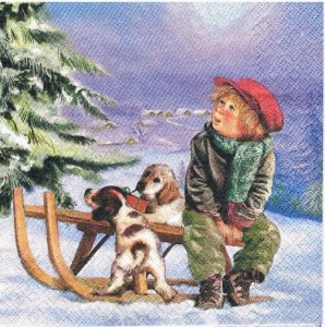 Serwetka decoupage 33x33 cm - dziecko, sanki, pieski, zima