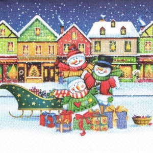 Serwetka decoupage 33x33 cm - bałwanki, sanki, prezenty, miasteczko, zima