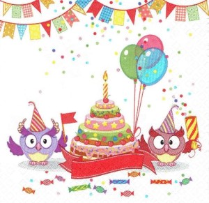 Serwetka decoupage 33x33 cm - sowy, tort, balony