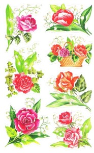 Naklejki, stickersy 3 arkusze- kwiaty, róże, konwalie