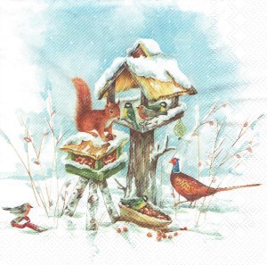 Serwetka decoupage 33x33 cm - wiewiórka, bażant, ptaki, karmnik, zima